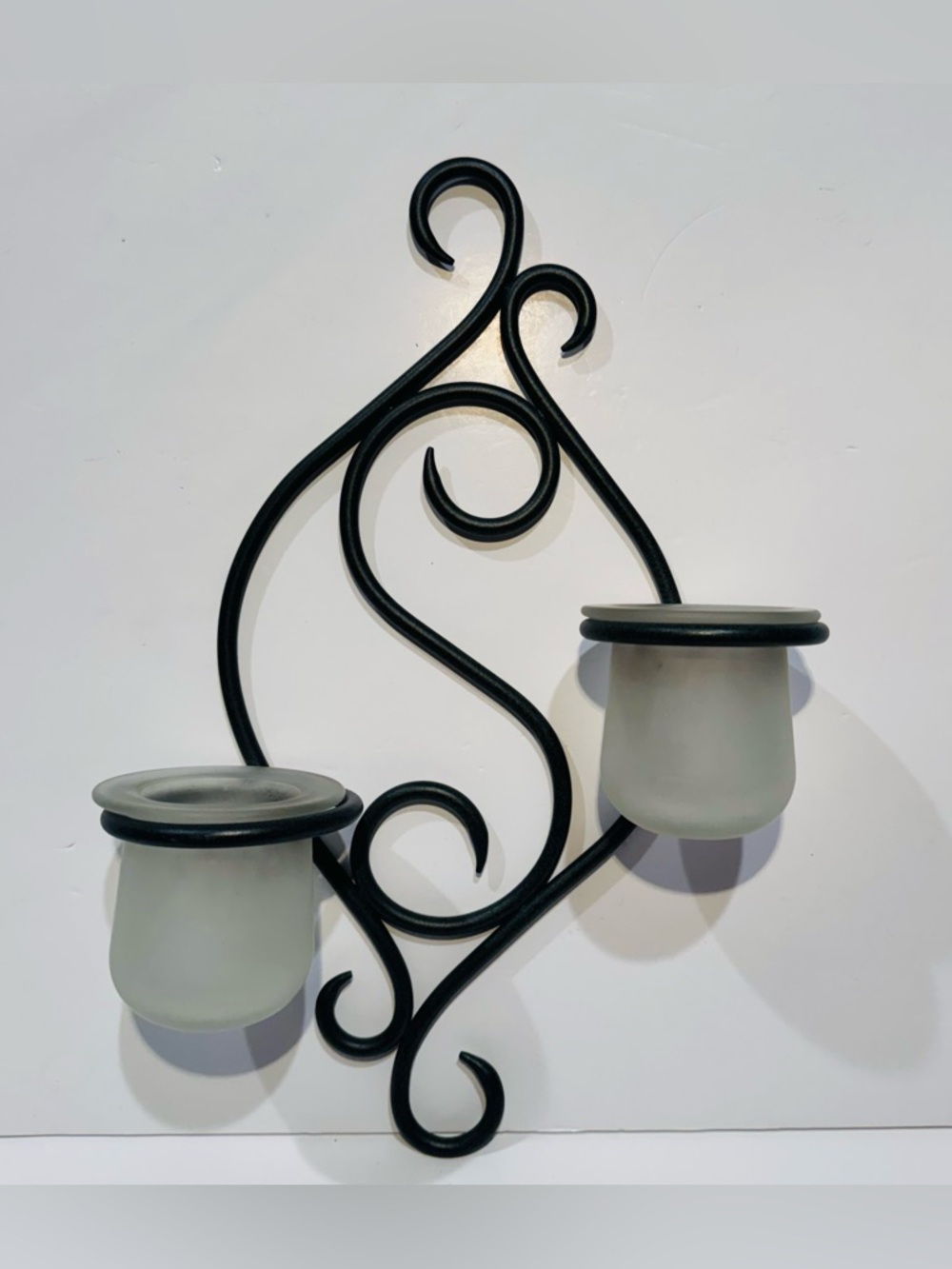 Vintage PartyLite Black Scroll Wall Sconce with Frosted Glass Holders